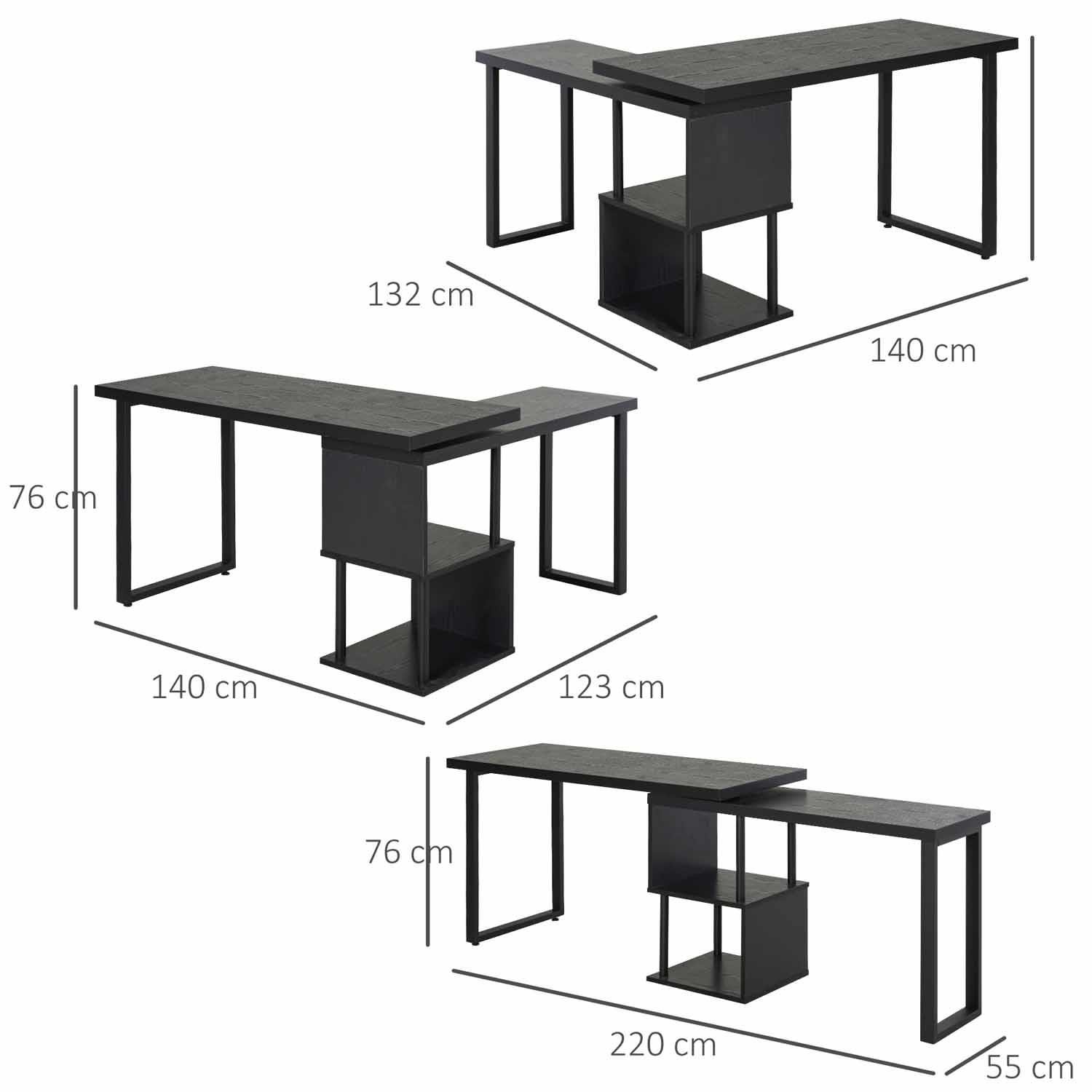 Mesa de Oficina BARTON, 220x55x76 cm, Giratoria, con Estantes, en Metal y Madera color Negro