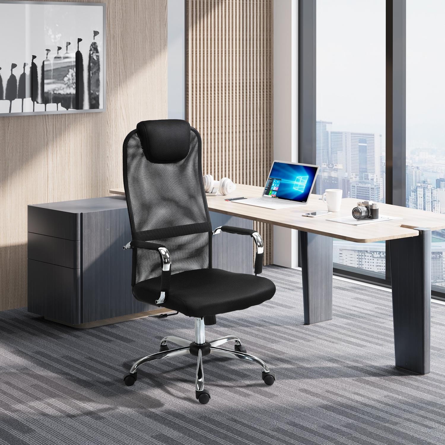 Silla de Oficina SERRA, Asiento Acolchado, Malla Transpirable, color Negro