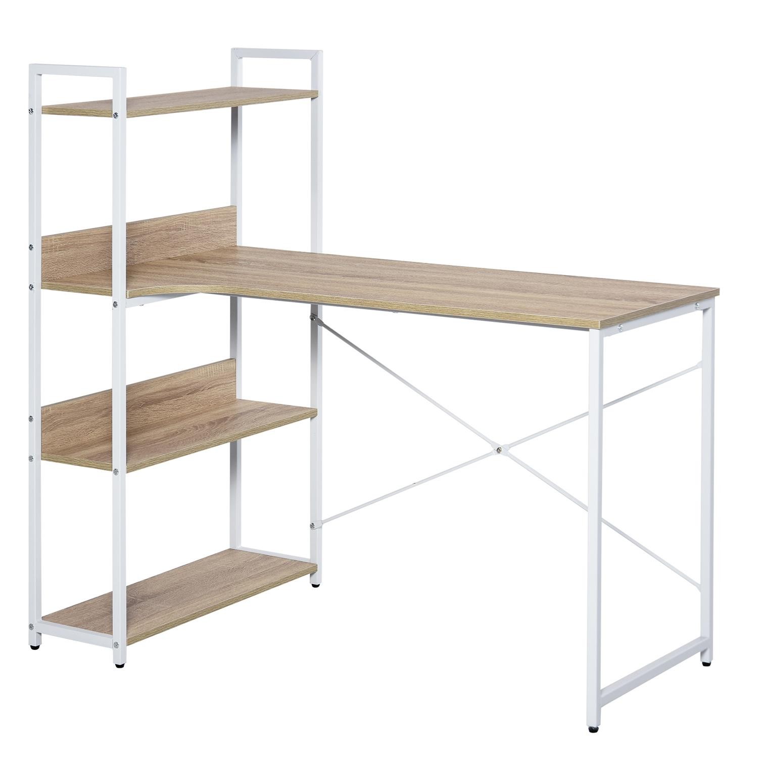 Mesa de Oficina MACAU, con Prácticos Estantes, 120x70x120 cm, en Madera color Blanco y Roble