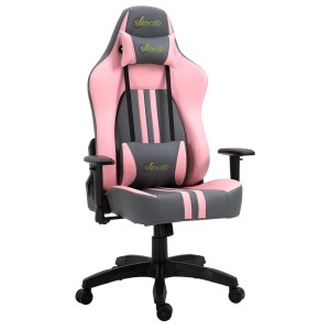 Silla Gaming VINE con reposapiés, reclinable, con cojines, en piel color negro/rosa