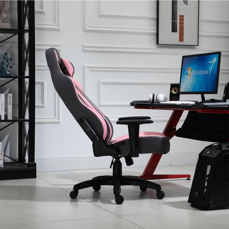 Silla Gaming VINE con reposapiés, reclinable, con cojines, en piel color negro/rosa