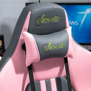 Silla Gaming VINE con reposapiés, reclinable, con cojines, en piel color negro/rosa