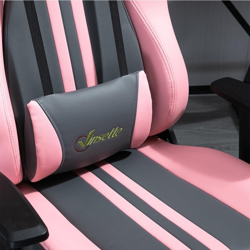 Silla Gaming VINE con reposapiés, reclinable, con cojines, en piel color negro/rosa
