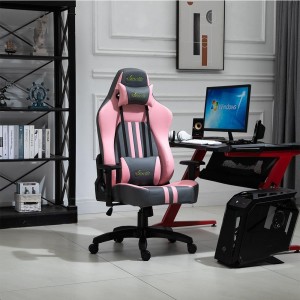 Silla Gaming VINE con reposapiés, reclinable, con cojines, en piel color negro/rosa