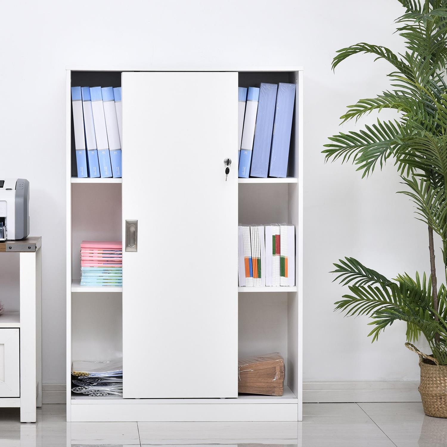 Armario de Oficina SERVI, 80x40x120 cm, Puertas Correderas, en Madera color Blanco