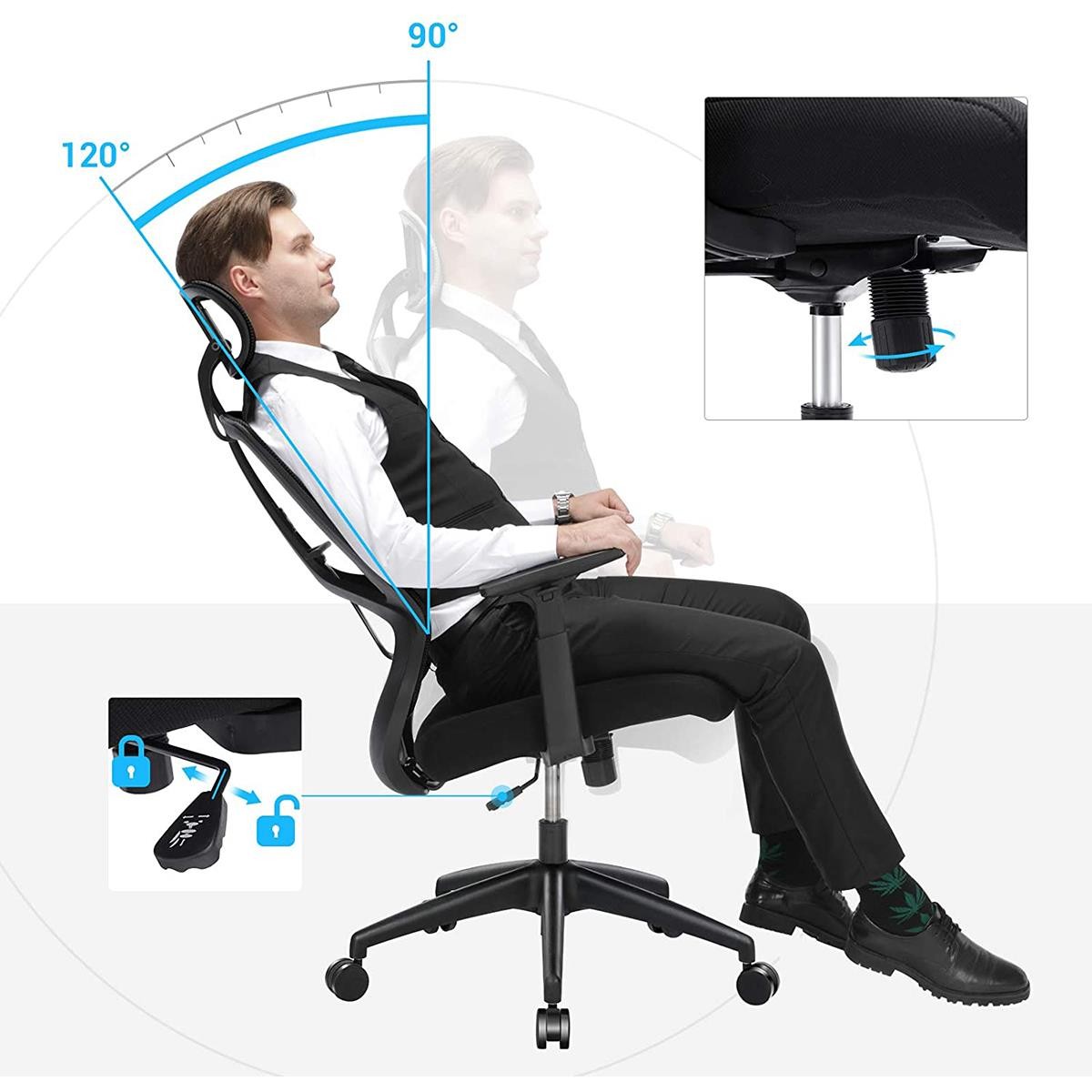 Silla Ergonómica NEMO, con Reposacabezas, Soporte Lumbar, en Malla Transpirable color Negro