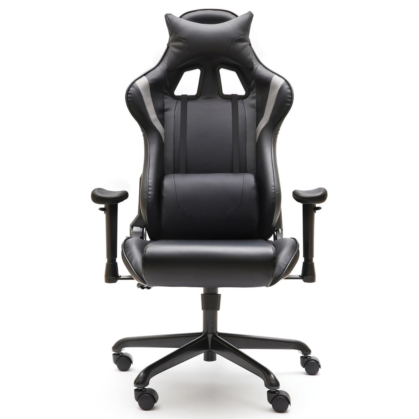 Silla Gaming ORION, Respaldo Reclinable hasta 160º, con Cojines Lumbar y Cervical, en Piel Negra y Gris
