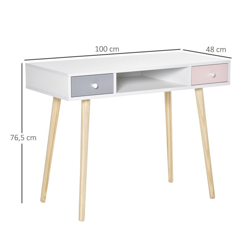 Mesa para Ordenador KOLORS, 100x48x76,5 cm, en Madera color Blanco, Rosa y Gris