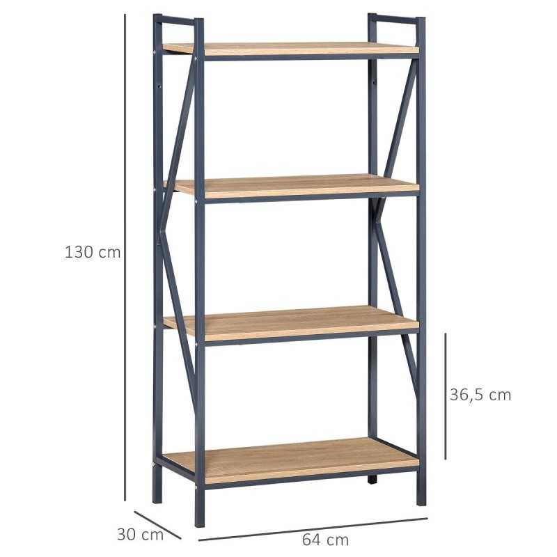 Estantería NAOMI 64x30x130 cm, Diseño Moderno tipo Industrial, en Acero y Madera color Roble