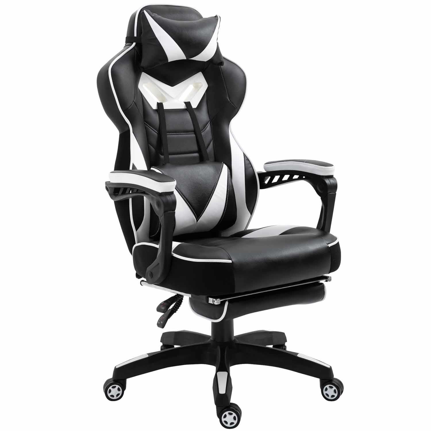 Silla Gaming TRONE con Reposapiés, Reclinable, Cojines Lumbar y Cervical, en Piel color Negro/Blanco