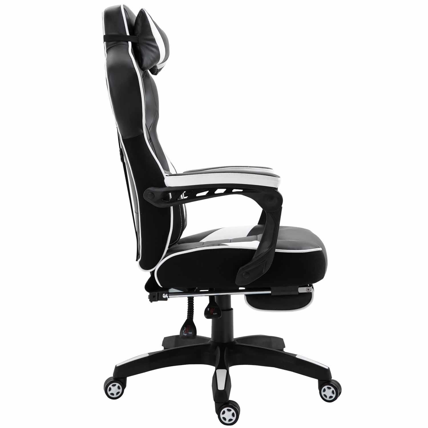 Silla Gaming TRONE con Reposapiés, Reclinable, Cojines Lumbar y Cervical, en Piel color Negro/Blanco