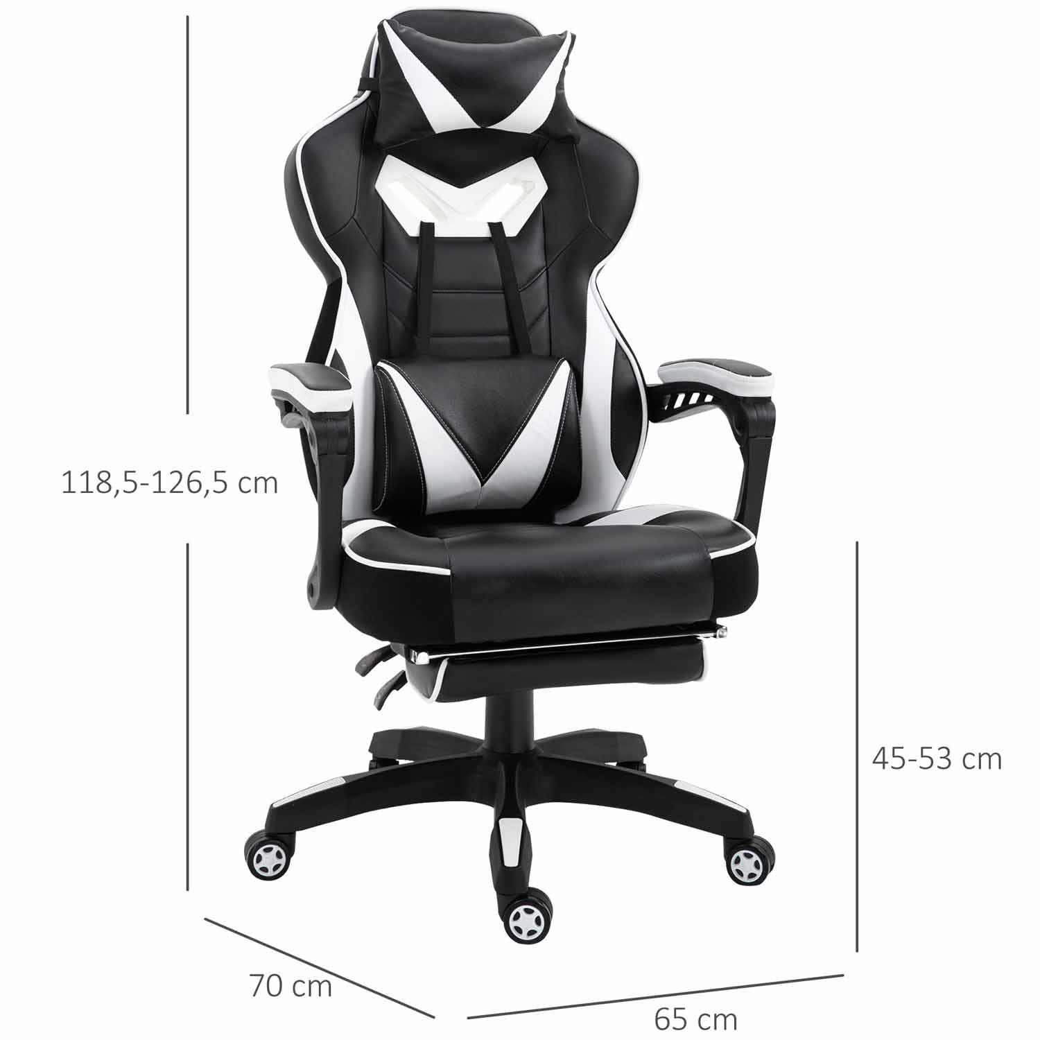 Silla Gaming TRONE con Reposapiés, Reclinable, Cojines Lumbar y Cervical, en Piel color Negro/Blanco