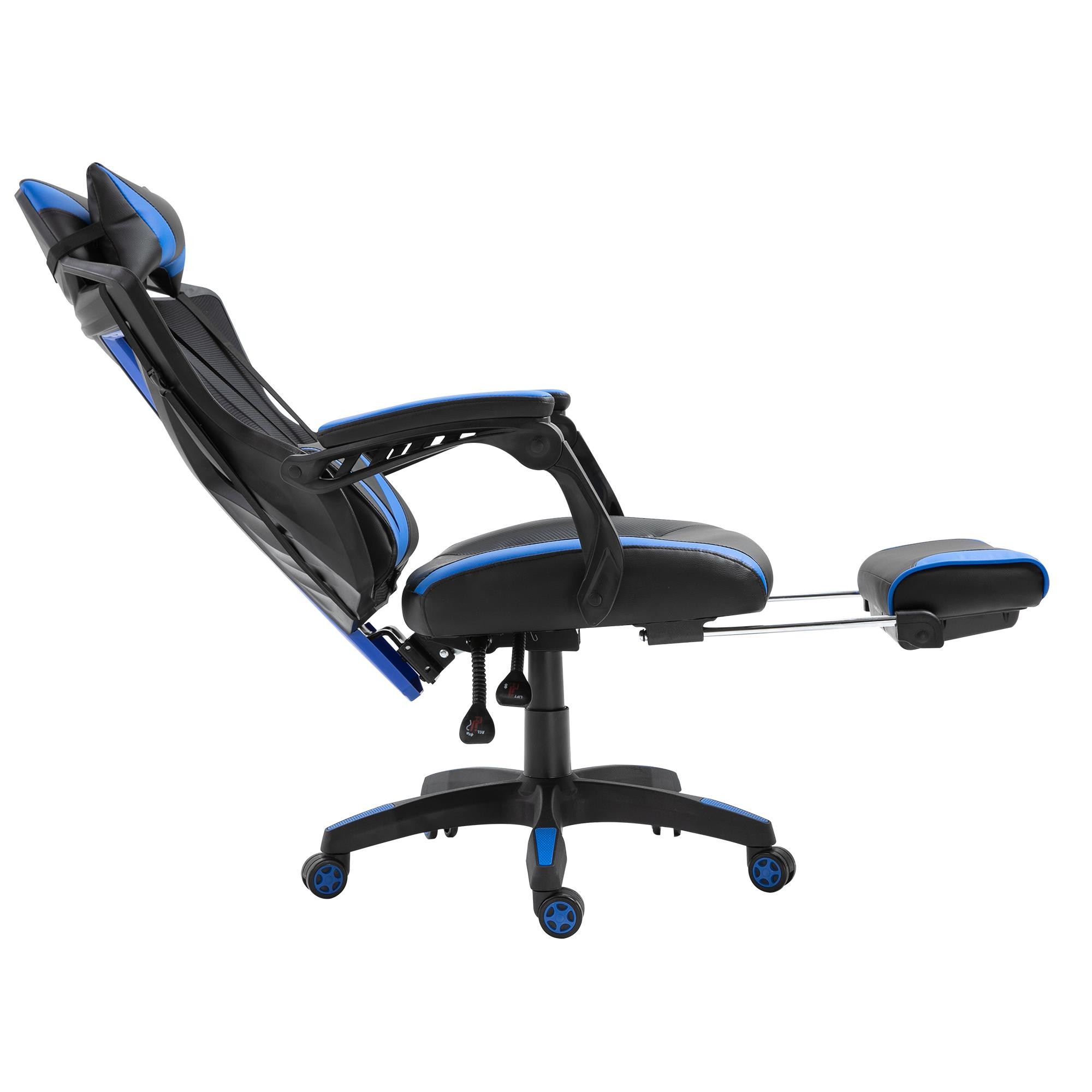 Silla Gaming BLUR, con Reposapiés, Reclinable, Cojines Lumbar y Cervical, en Piel y Malla color Negro/Azul