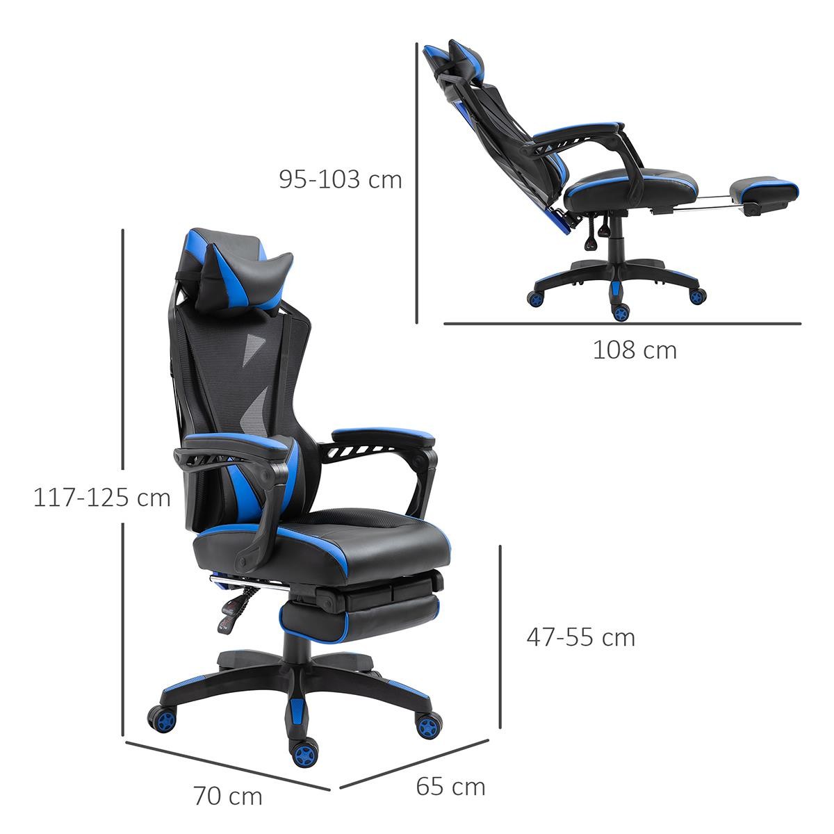 Silla Gaming BLUR, con Reposapiés, Reclinable, Cojines Lumbar y Cervical, en Piel y Malla color Negro/Azul