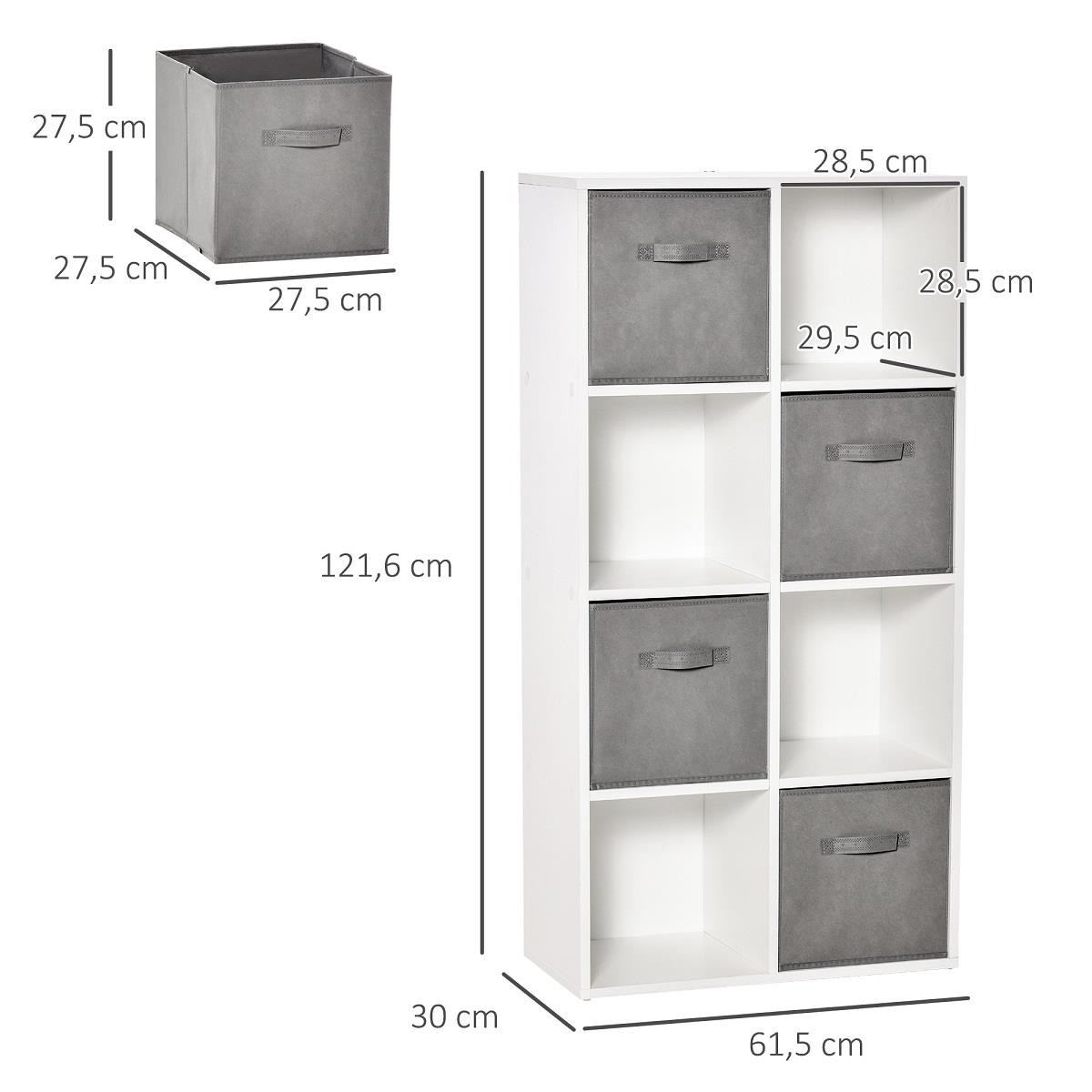 Estantería COLORADO, 61x30x121 cm, Diseño Moderno, 8 Compartimentos, en Madera color Blanco