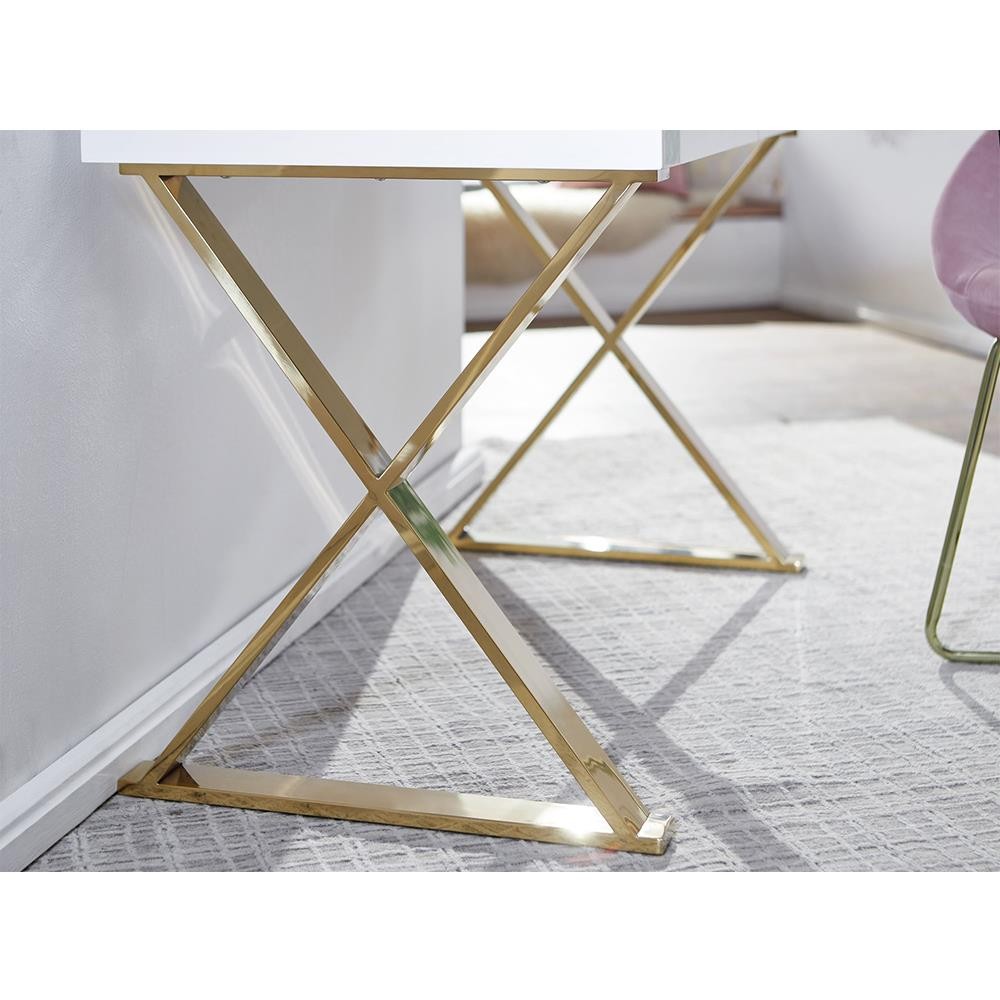 Mesa de Ordenador VERONA, 118x57x76 cm, Diseño Exclusivo, color Blanco y Dorado