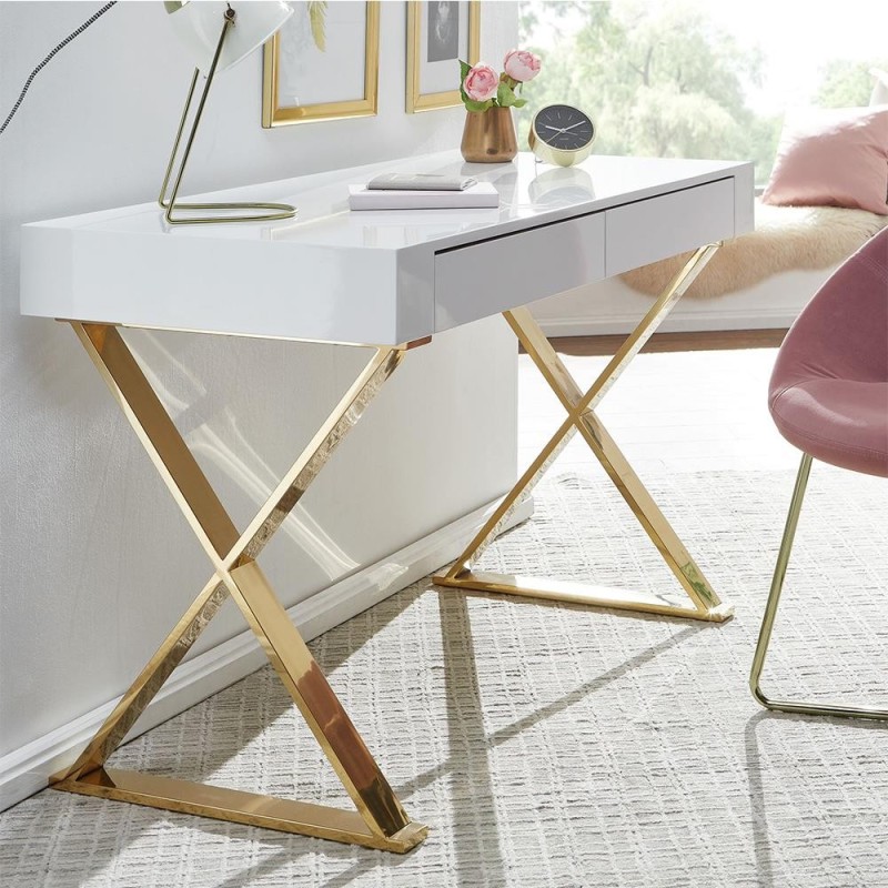 Mesa de Ordenador VERONA color Blanco y Dorado