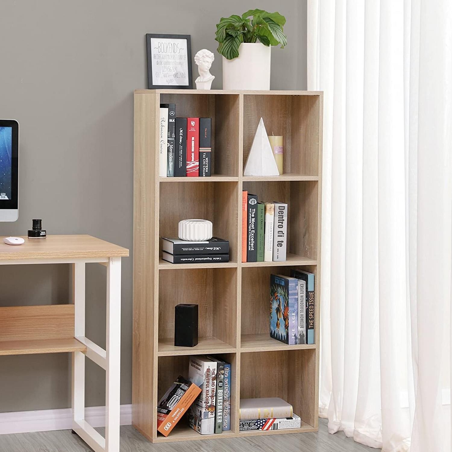 Estantería HINDRA, 129x65x30 cm, Diseño Moderno, 8 Compartimentos, en Madera color Roble