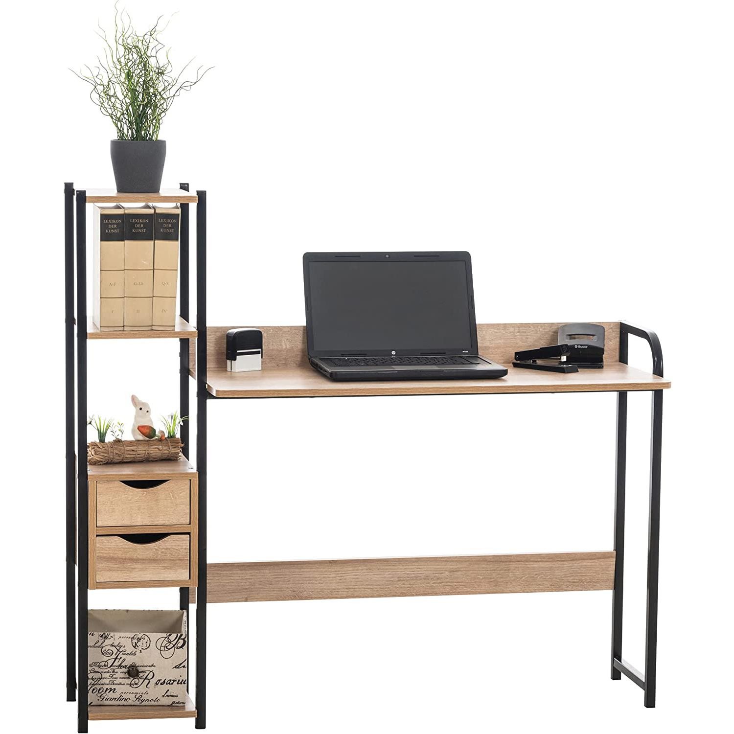 Mesa de Oficina SIDE, con Cajones y Estantes, 124x40x111 cm, en Metal y Madera color Negro