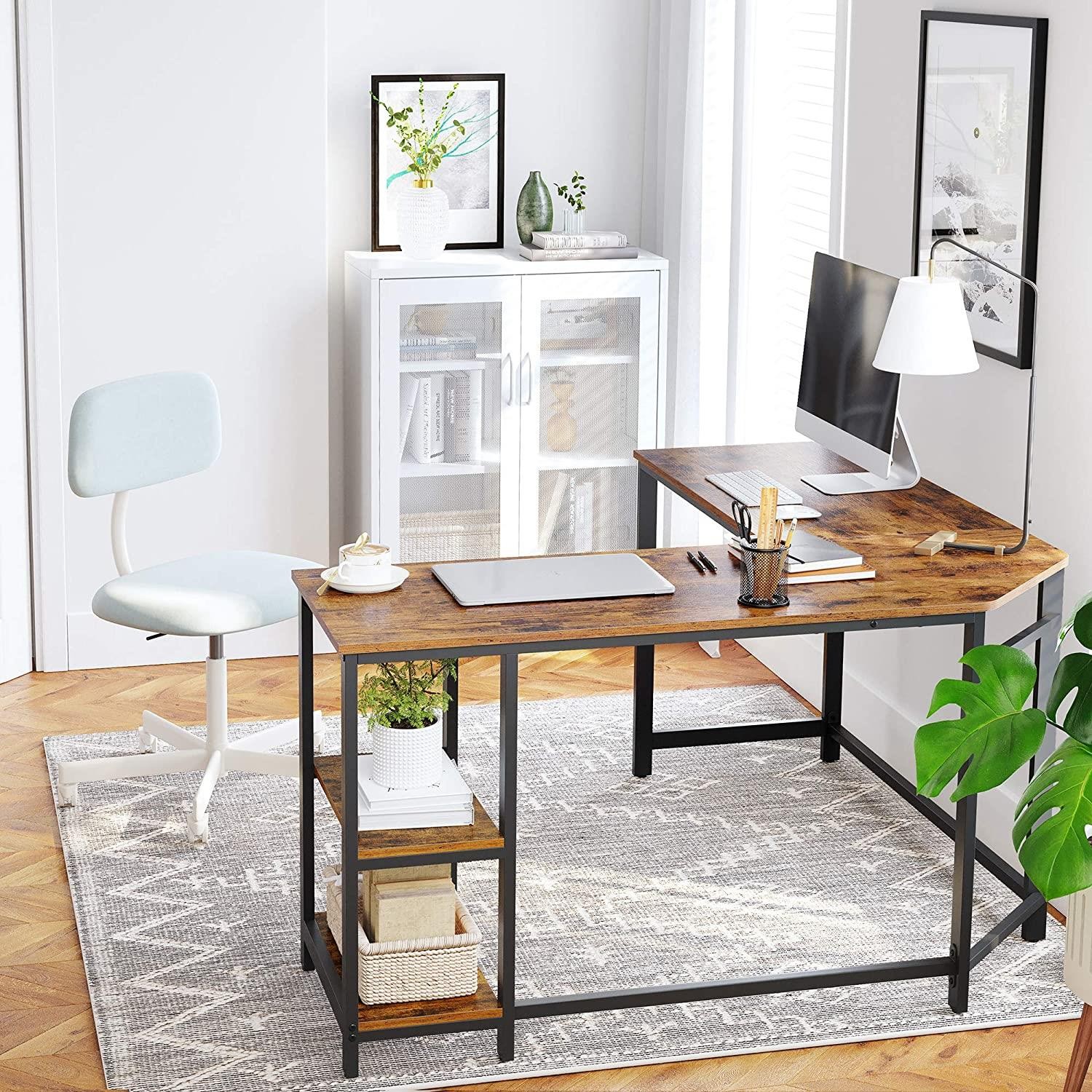 Mesa de Oficina LADY, 138x138x75 cm, en Forma de L, con Estantes, color Gris Pardo