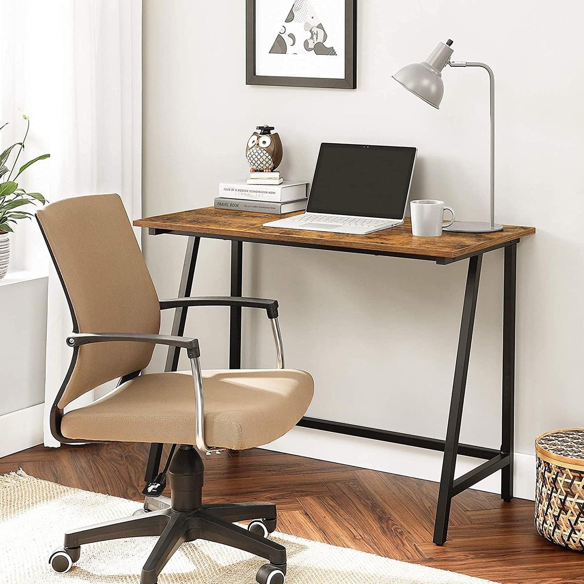 Mesa de Oficina EDANY, 100x50x75 cm, Estilo Industrial, en Acero y Madera, color Nogal