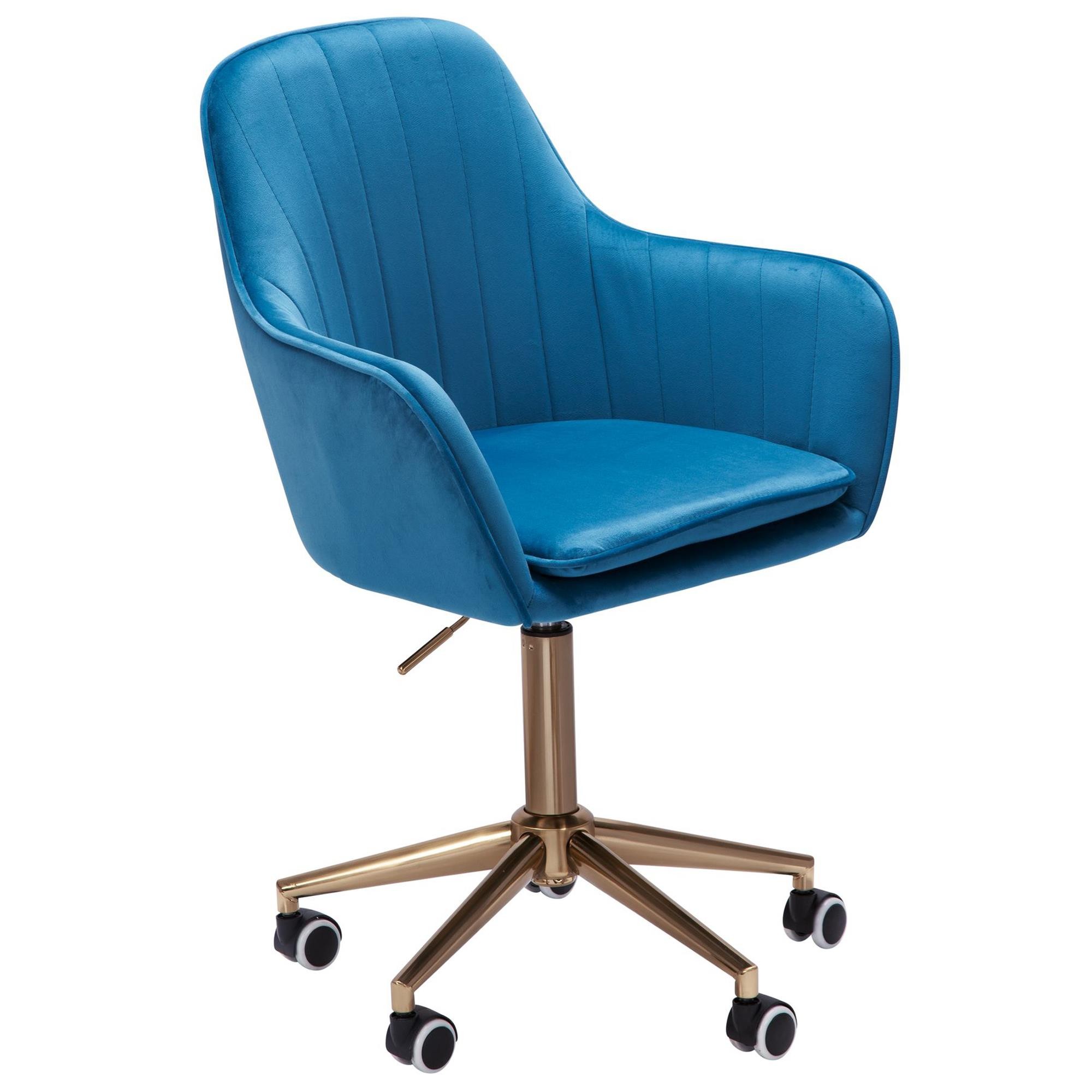 Silla de Oficina DAMA, Exclusivo Diseño, Base Metálica Dorada, en Terciopelo color Azul