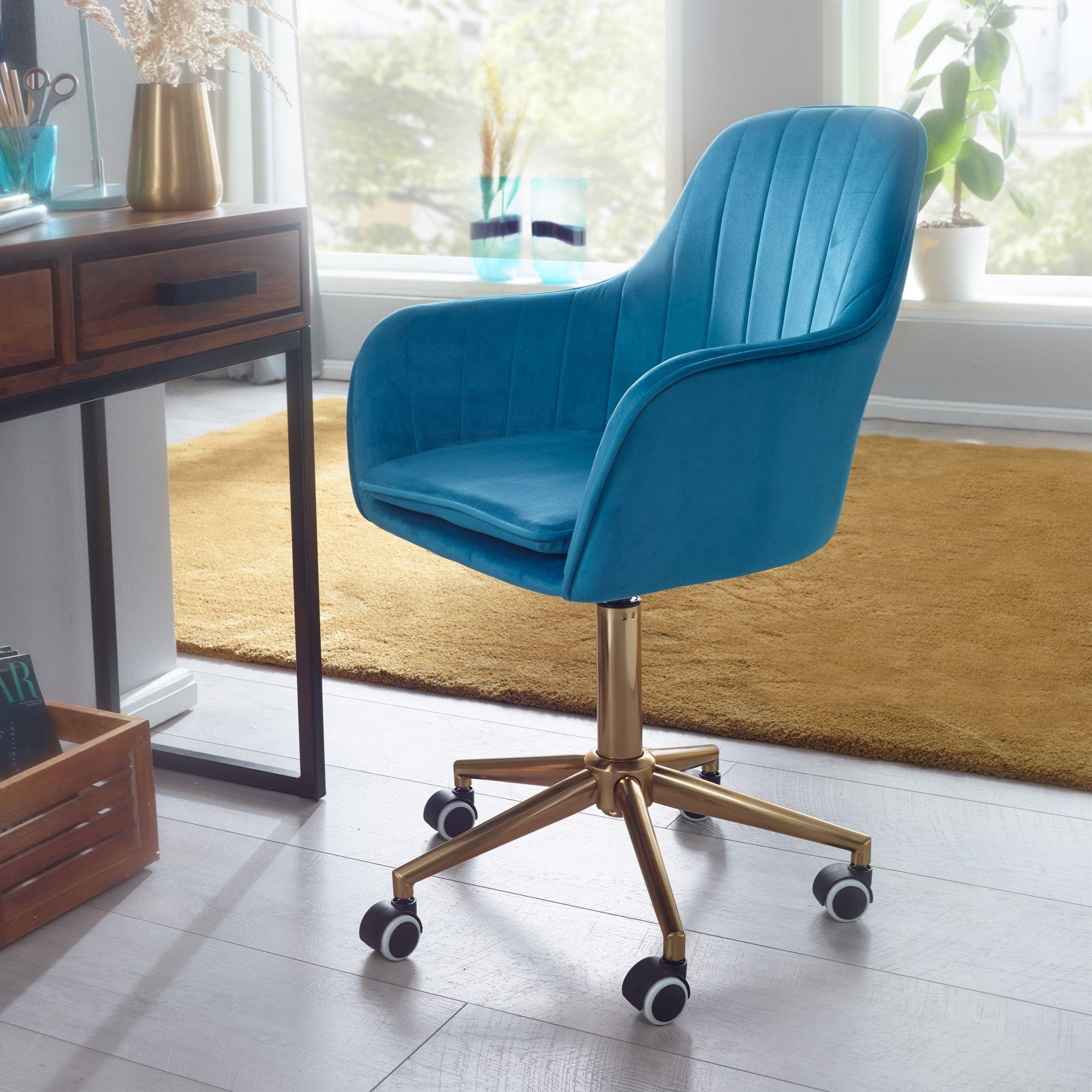 Silla de Oficina DAMA, Exclusivo Diseño, Base Metálica Dorada, en Terciopelo color Azul