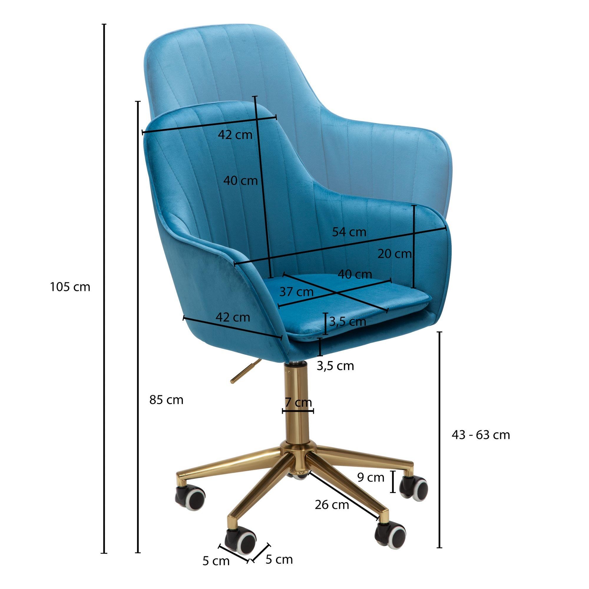 Silla de Oficina DAMA, Exclusivo Diseño, Base Metálica Dorada, en Terciopelo color Azul