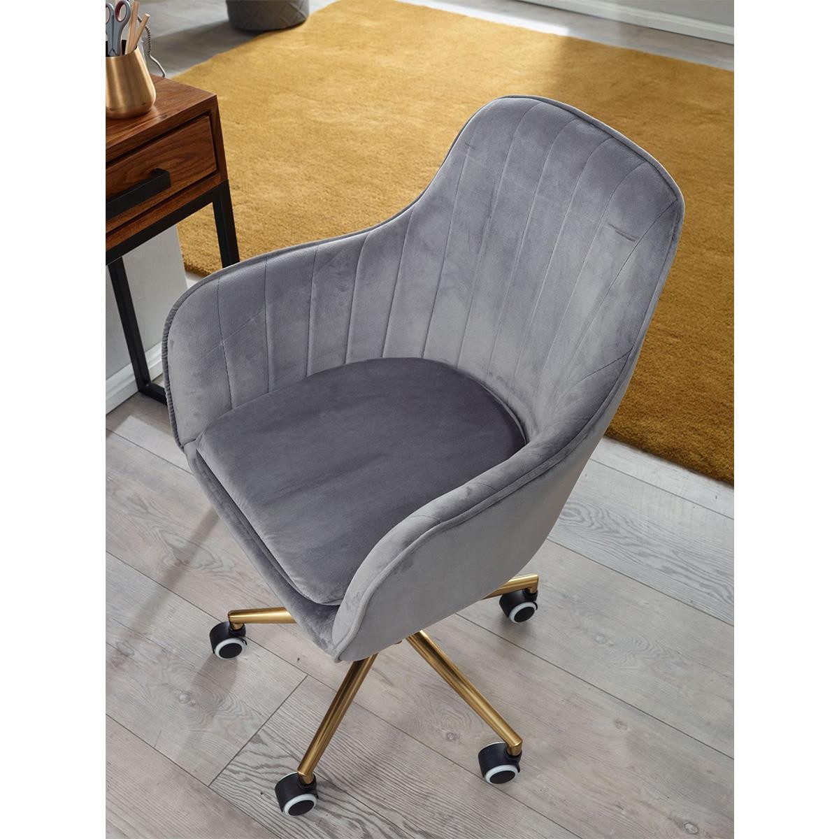 Silla de Oficina DAMA, Exclusivo Diseño, Base Metálica Dorada, en Terciopelo color Azul
