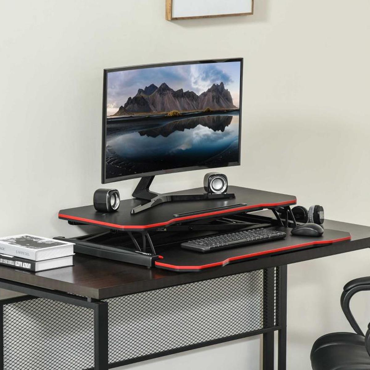 Soporte para monitor NESTA, 80x40x11-50,5 cm, con Soporte para CPU, color Negro y Rojo