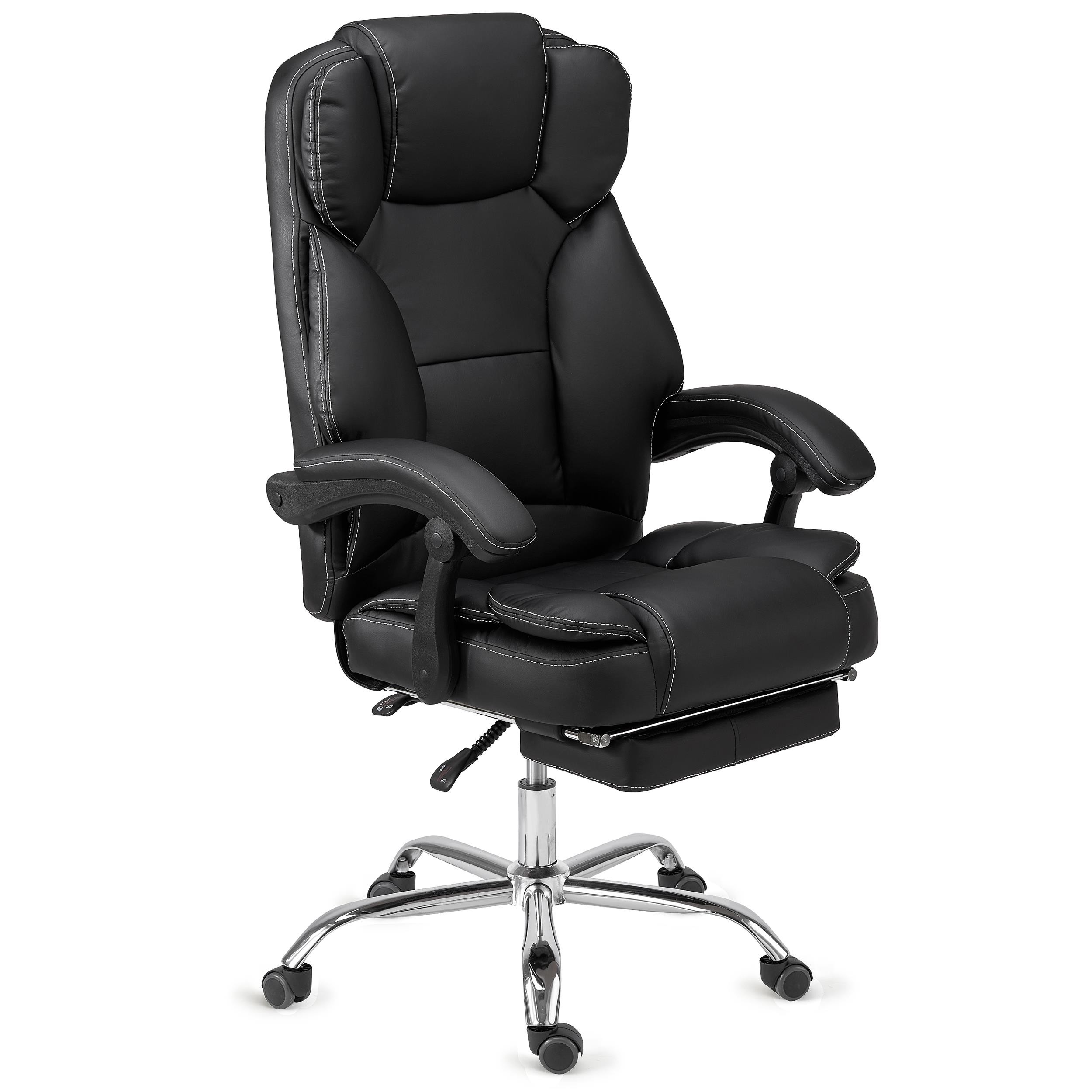 Sillón de Oficina LINCON, Muy Cómodo y Ergonómico, Reposapiés Extensible, Piel Negra