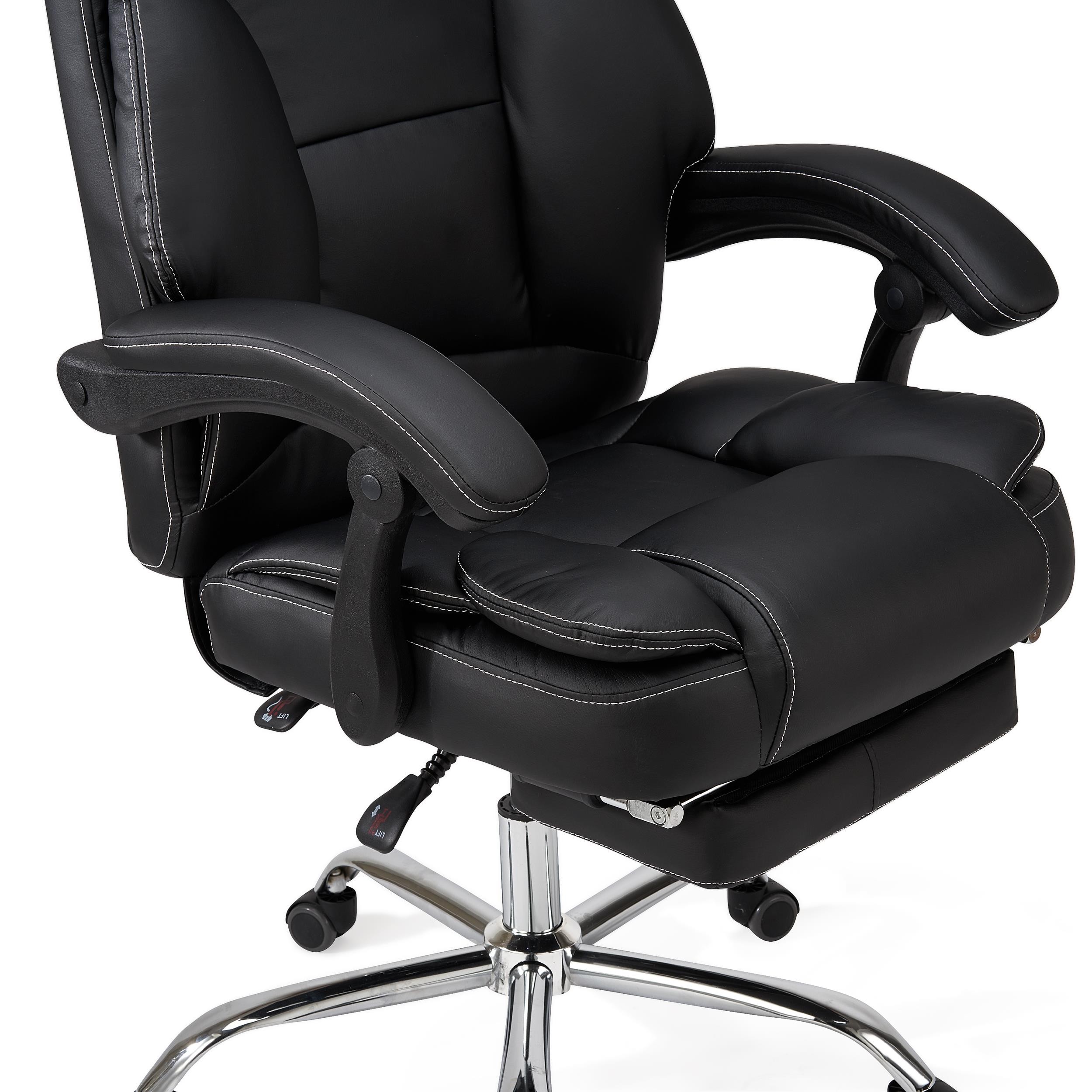 Sillón de Oficina LINCON, Muy Cómodo y Ergonómico, Reposapiés Extensible, Piel Negra