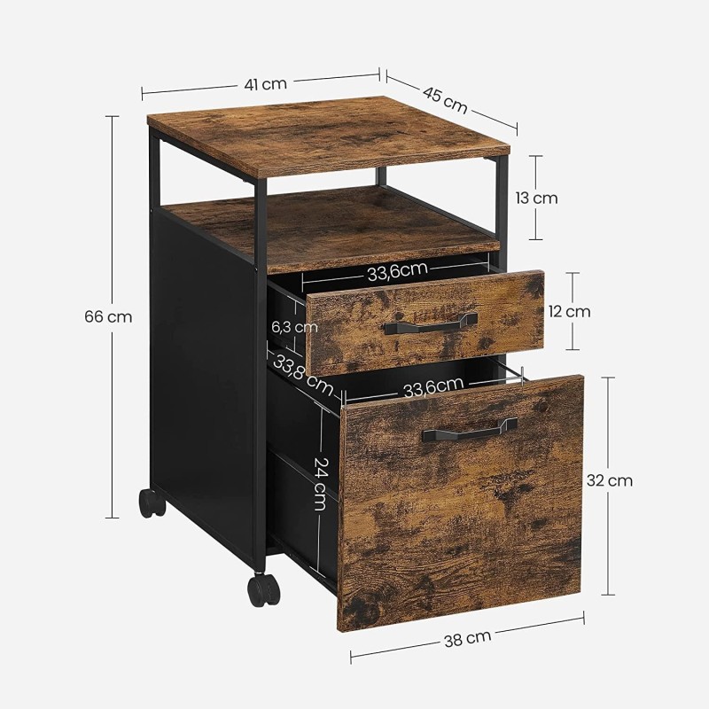 Archivador con Ruedas ESTI, en Metal y Madera, Roble Oscuro