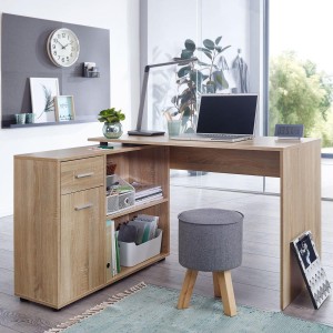 Mesa de Oficina METEORA, con Estantes y Cajones, en Madera color Roble