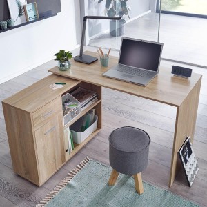 Mesa de Oficina METEORA, con Estantes y Cajones, en Madera color Roble