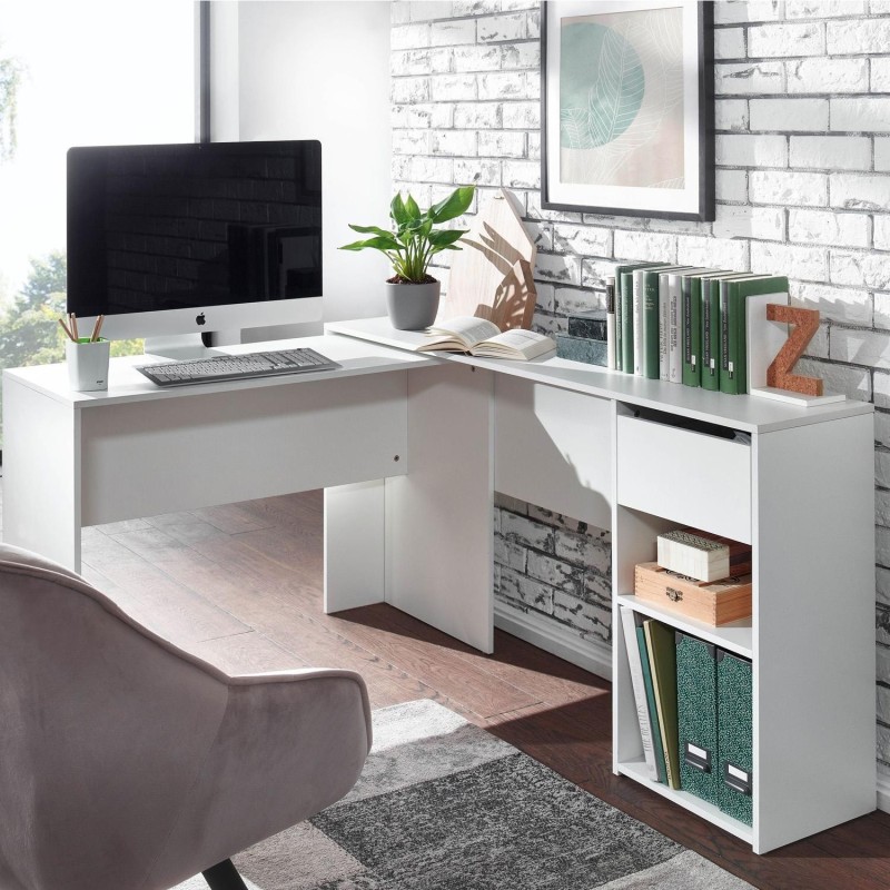 Mesa de Oficina EMPIRE, con Estantes y Cajón, en Madera color Blanco