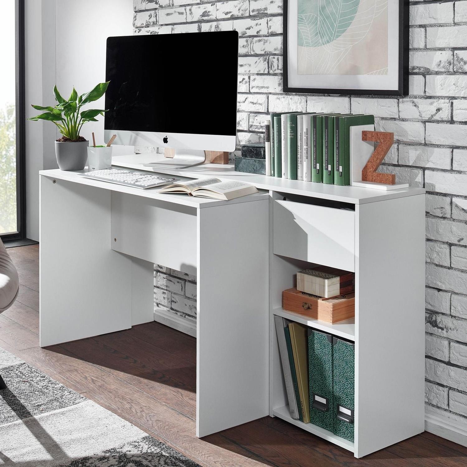 Mesa de Oficina EMPIRE, 145x106x76 cm, con Estantes y Cajón, en Madera color Blanco
