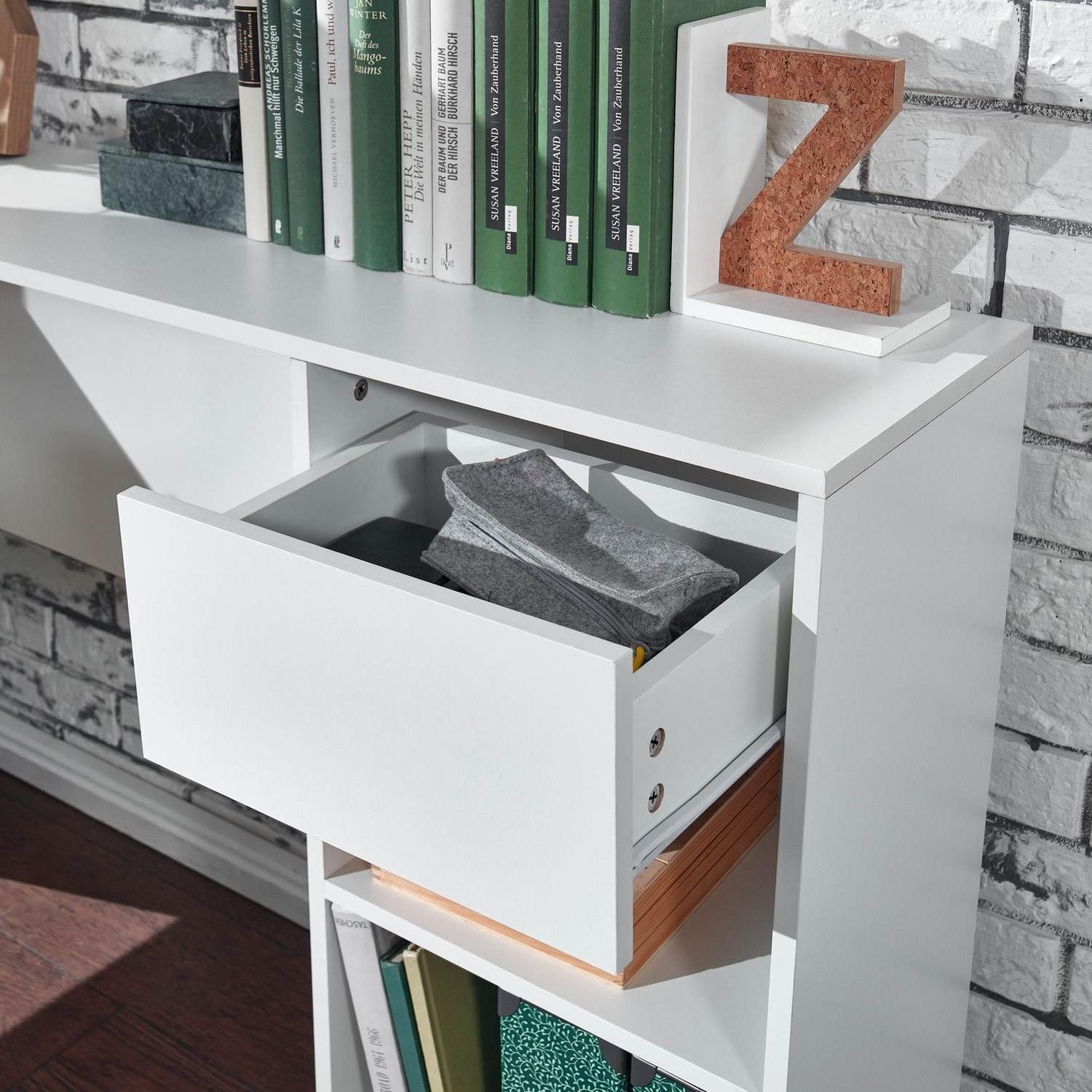 Mesa de Oficina EMPIRE, 145x106x76 cm, con Estantes y Cajón, en Madera color Blanco