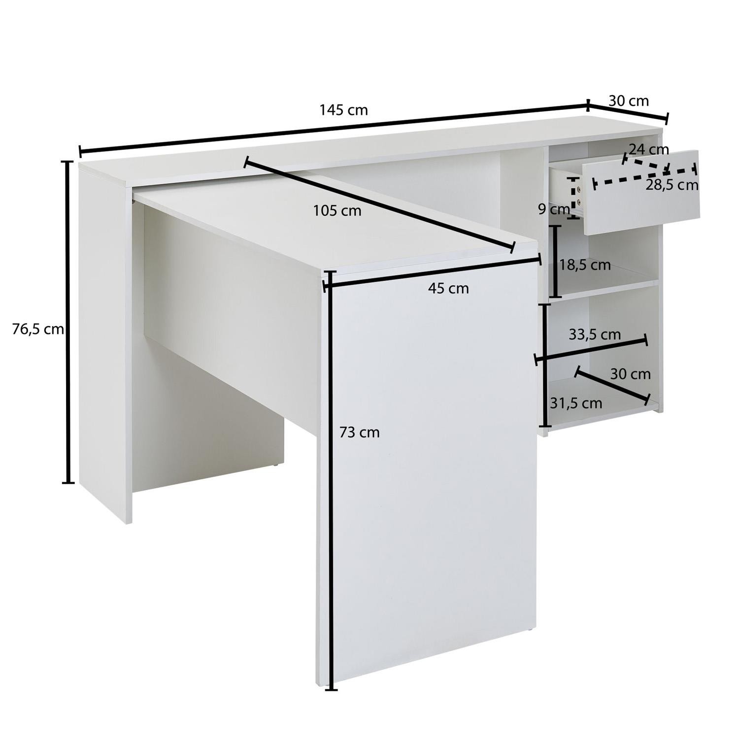 Mesa de Oficina EMPIRE, 145x106x76 cm, con Estantes y Cajón, en Madera color Blanco