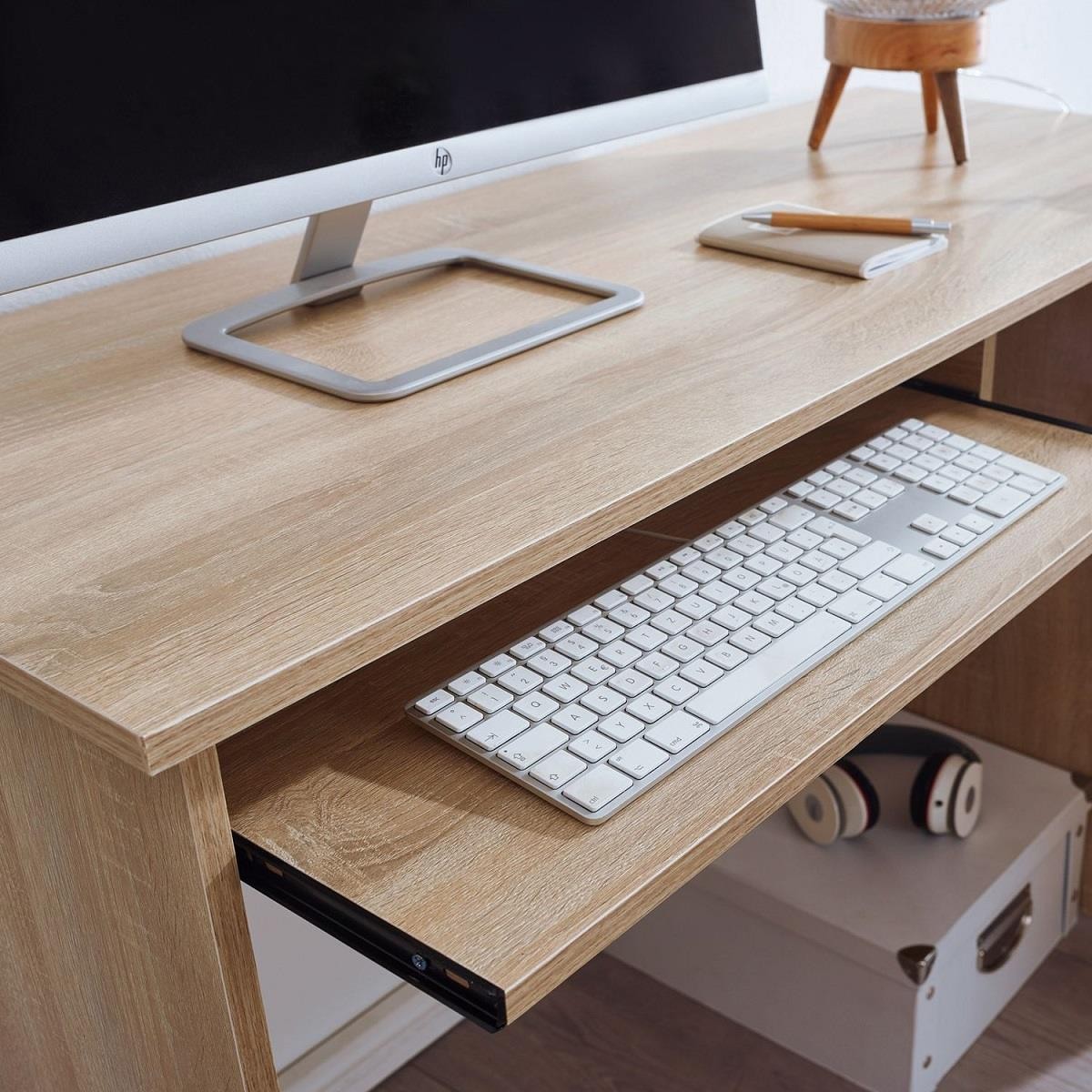 Mesa de Oficina OLONG, 140x120x75 cm, con Estantes, en Madera color Blanco