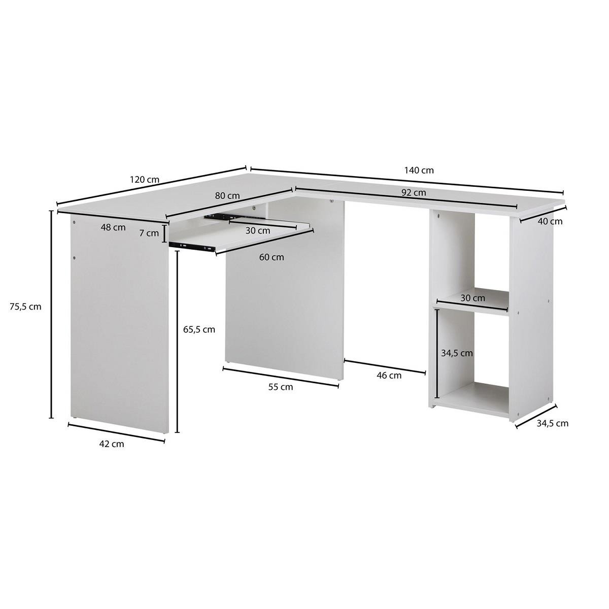 Mesa de Oficina OLONG, 140x120x75 cm, con Estantes, en Madera color Blanco