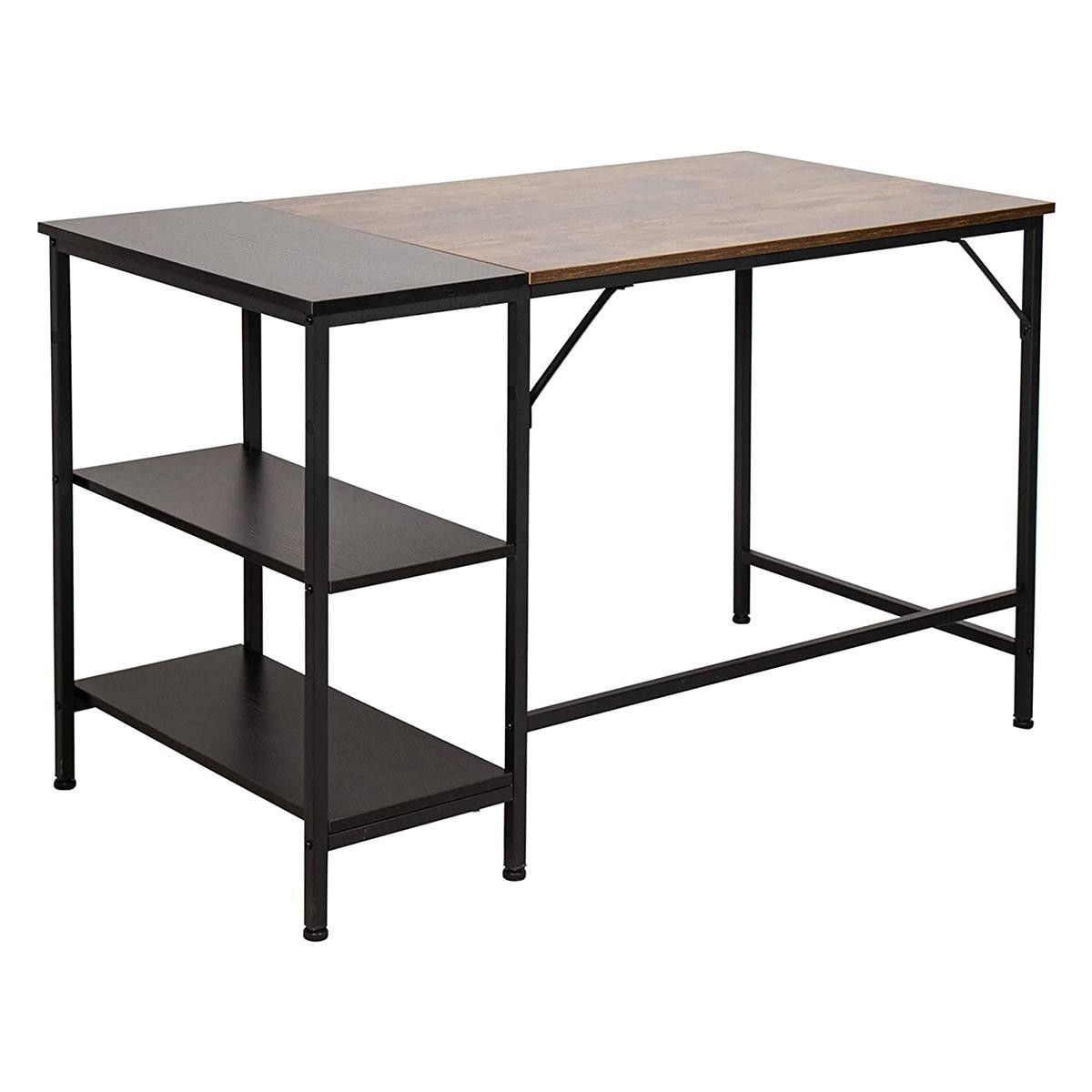 Mesa de Oficina ARIES, 120x60x75 cm, con Estantes, en Metal y Madera color Nogal