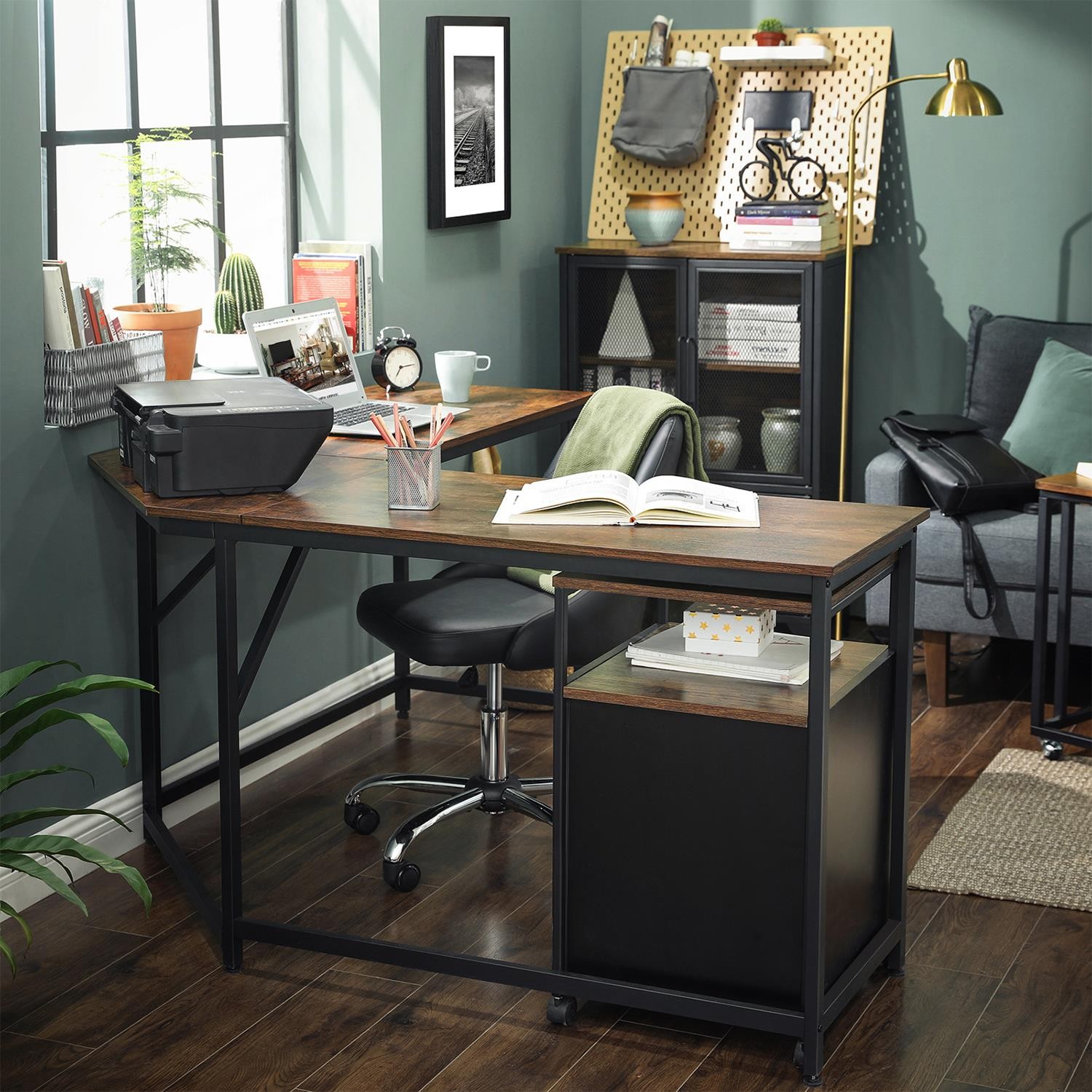 Mesa de Oficina FRED, 149x149x75 cm, Estructura Metálica en Negro, Superficie Madera Roble
