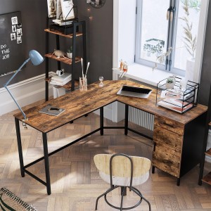 Mesa de ordenador FERRO, Diseño estilo industrial en L , en metal y madera color Nogal