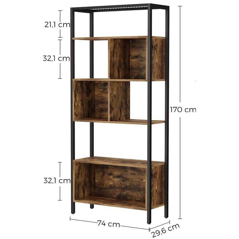 Estantería BECKY, Diseño Industrial, en Metal y Madera, color Roble Oscuro