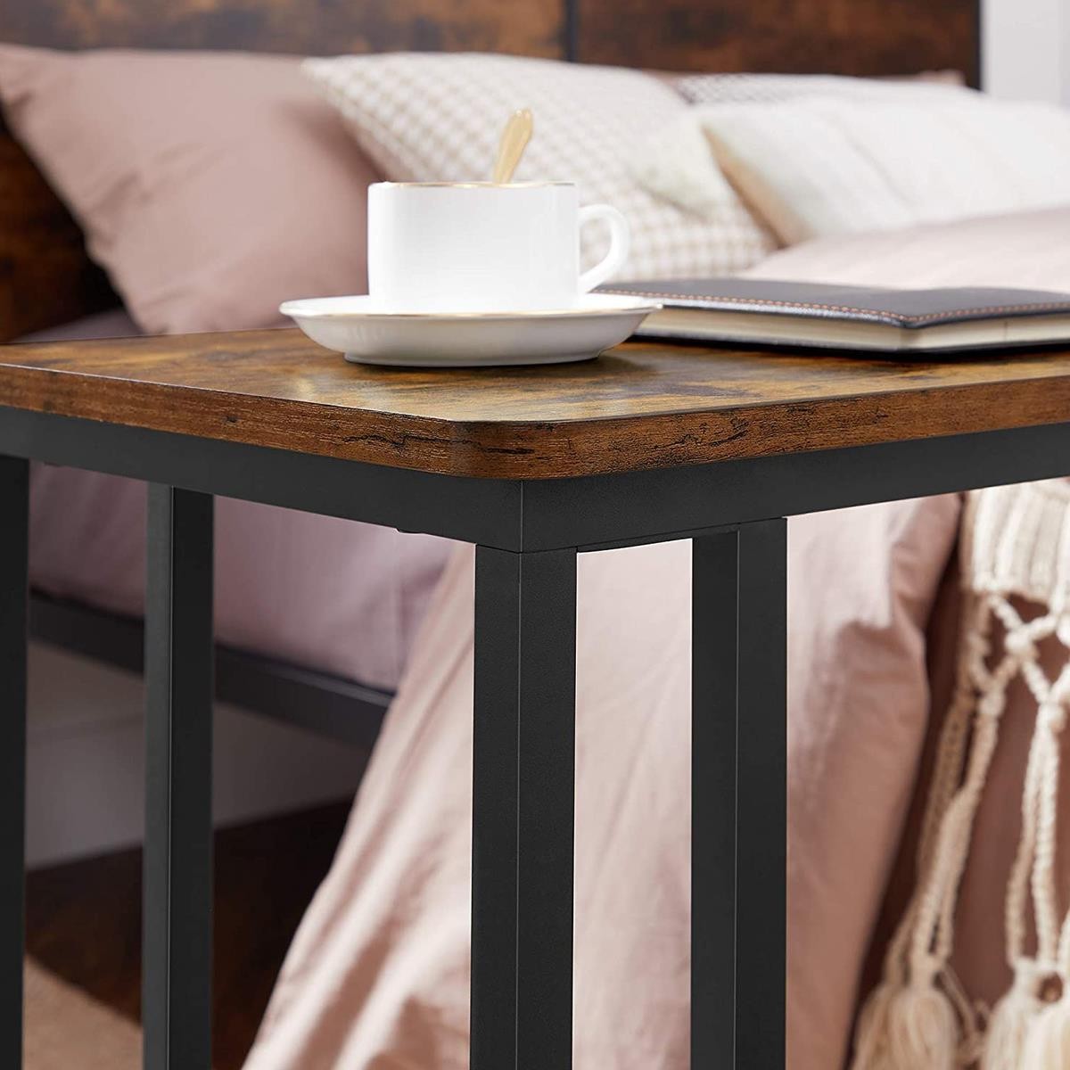 Mesa Auxiliar con Ruedas OMARI, Dimensiones 50x35x55 cm, color Negro y Marrón Oscuro