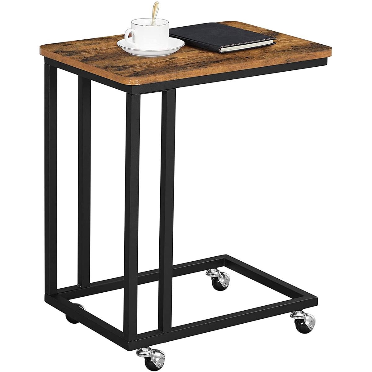 Mesa Auxiliar con Ruedas OMARI, Dimensiones 50x35x55 cm, color Negro y Marrón Oscuro