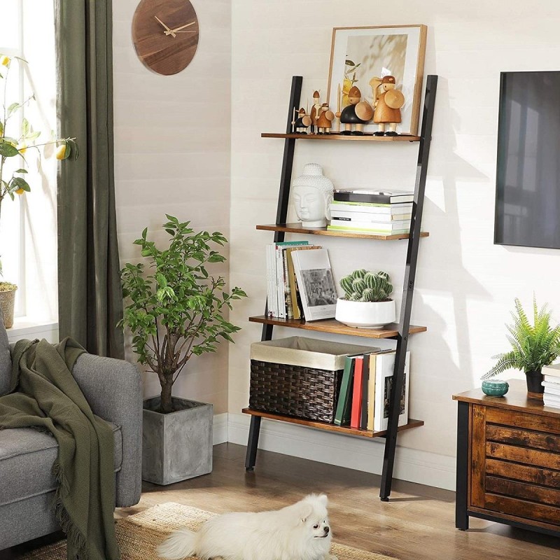Estantería SKYE, Diseño Moderno en Escalera, en Madera Marrón y Negro
