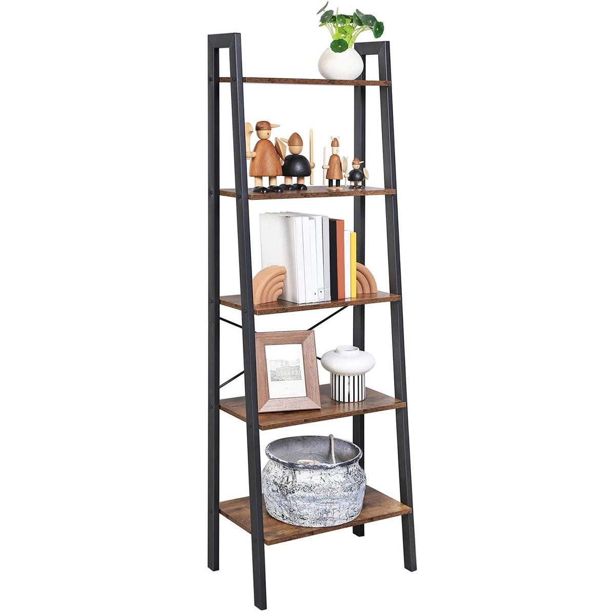 Estantería YUNUS, 56x34x172 cm, Diseño Industrial, en Metal y Madera, color Negro y Marrón Oscuro