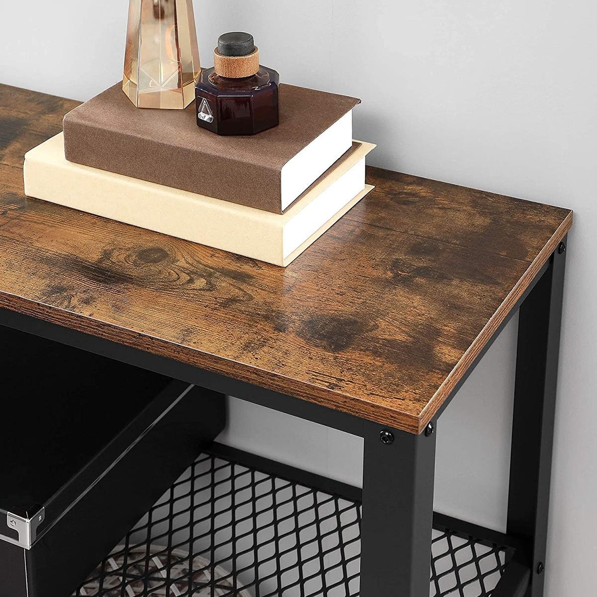 Mesa Auxiliar NALA, Dimensiones 101x35x80 cm, en Metal y Madera, color Negro y Marrón Oscuro